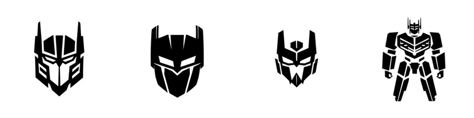 Obraz premium Black and white vector illustration of robot helmet icons and full body design