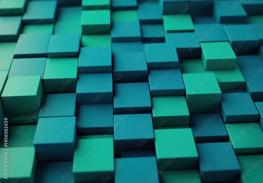 Poster abstract composition of teal and green 3d cubes in layered design