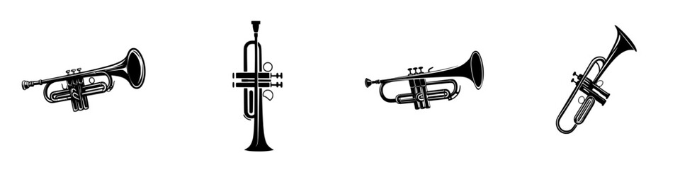 Vector illustration of four trumpet icons in black and white style showcasing musical instruments in a simple design
