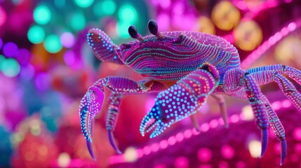 A 3D illustration presents a crab with a multicolored, glowing shell, creating a surreal fantasy vibe that is characteristic of the Surreal Holographic Ocean environment it inhabits