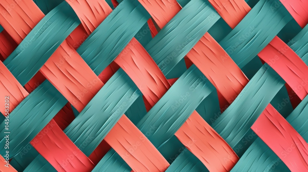 Poster colorful woven pattern with teal and coral stripes. 3d texture art design for backgrounds and textil