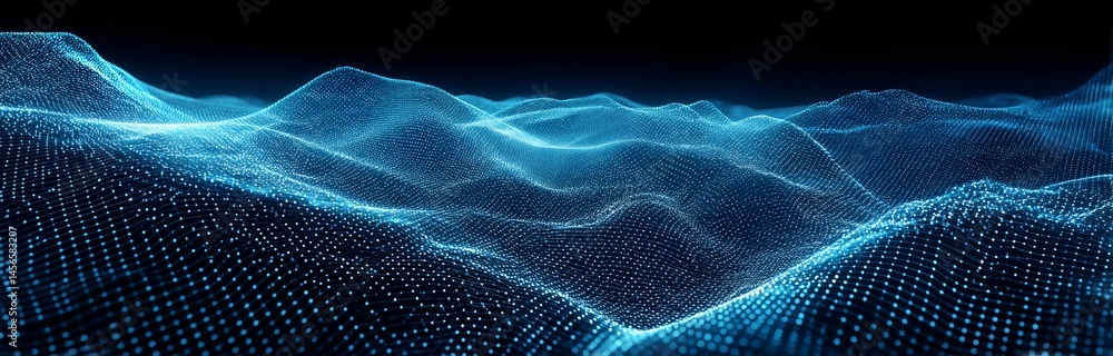Poster A three-dimensional digital wave is represented by technology and flow in a digital structure with a cyber technology background created through 3D rendering