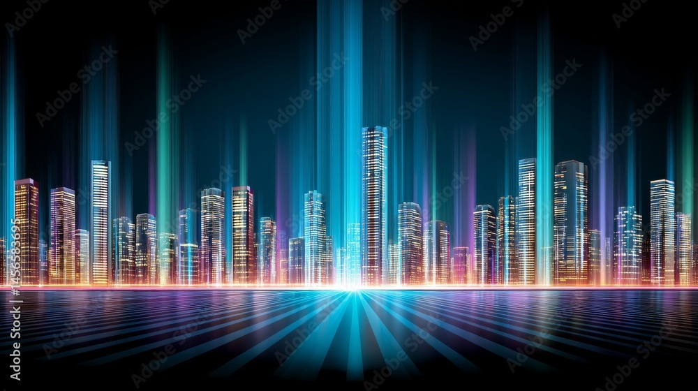 Poster a modern 3d rendering featuring an abstract glowing geometric background, symbolizing digital techno