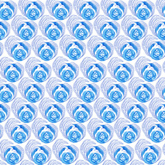 Watercolor seamless pattern with dark blue-blue stylized acanthus leaves and graphic elements