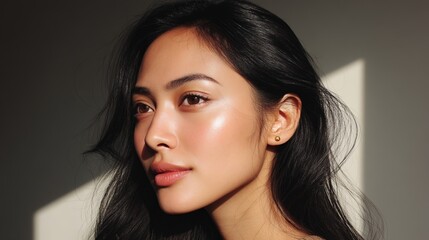 Naklejka premium A close-up image of a brunette woman is captured, highlighting her skincare regimen and natural beauty as she smiles