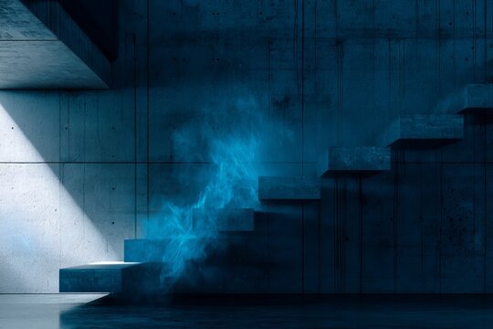 A dream of mystifying surrealism unfolds, where staircases seemingly repudiate gravity, extending towards a radiant illumination at the room's fog-shrouded center