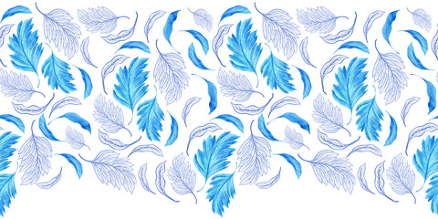 Watercolor seamless pattern with dark blue-blue stylized acanthus leaves and graphic elements