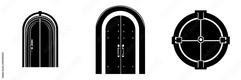 Poster stylized vector illustrations of various door designs in black and white format showcasing different