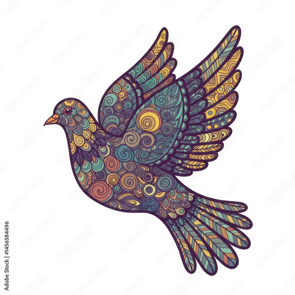 Poster illustration of a dove in flight with intricate swirl patterns and colorful feather details design
