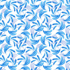 Watercolor seamless pattern with dark blue-blue stylized acanthus leaves and graphic elements