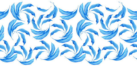 Watercolor seamless pattern with dark blue-blue stylized acanthus leaves and graphic elements