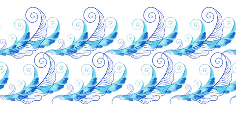 Watercolor seamless pattern with dark blue-blue stylized acanthus leaves and graphic elements