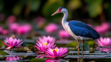 Naklejka premium Bird amidst pink lotus blossoms