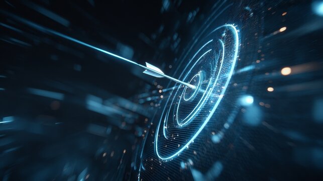 A futuristic low poly wireframe illustration on a modern blue technology background, featuring an abstract digital target with an arrow at its center, symbolizing a growth strategy or financial goal