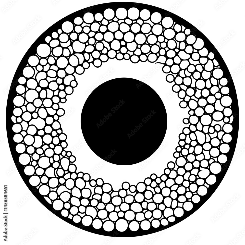 Poster abstract vector illustration featuring concentric circles and varying bubble sizes in a striking bla