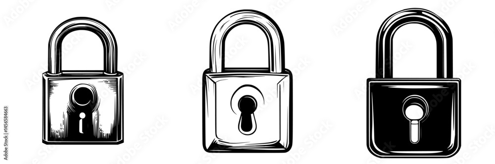 Poster vector illustration of three different padlock designs showcasing security elements and varying styl