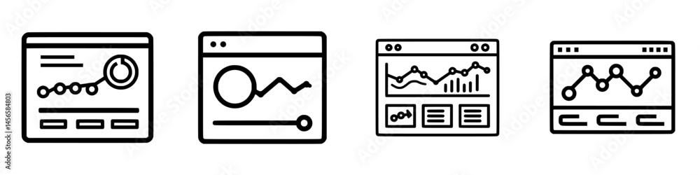 Poster vector illustration icons representing data analysis and visualization activities in digital formats