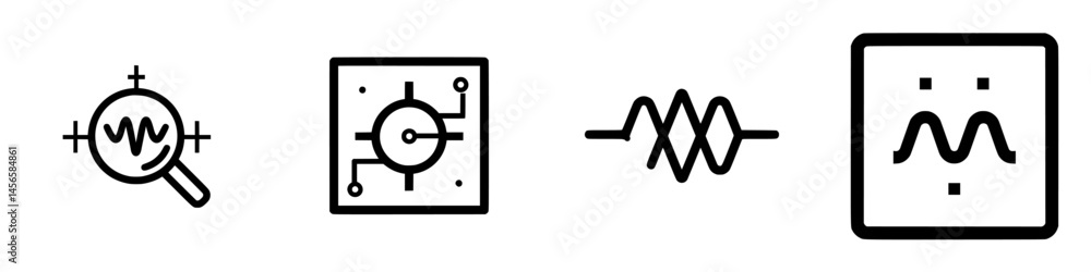 Poster vector illustration of technology icons representing data analysis, circuit design, waveform functio
