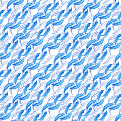 Watercolor seamless pattern with dark blue-blue stylized acanthus leaves and graphic elements