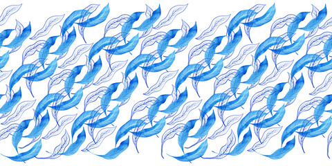 Watercolor seamless pattern with dark blue-blue stylized acanthus leaves and graphic elements