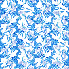 Watercolor seamless pattern with dark blue-blue stylized acanthus leaves and graphic elements