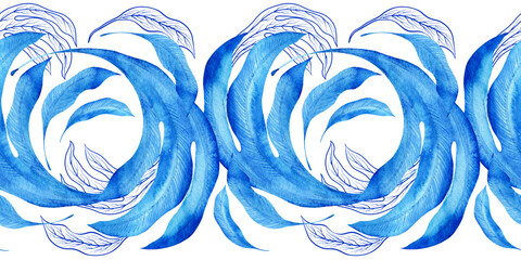 Watercolor seamless pattern with dark blue-blue stylized acanthus leaves and graphic elements