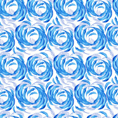 Watercolor seamless pattern with dark blue-blue stylized acanthus leaves and graphic elements