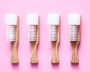 Four Bamboo Toothbrushes on Pink Background Cleanliness Oral Hygiene