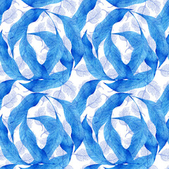 Watercolor seamless pattern with dark blue-blue stylized acanthus leaves and graphic elements