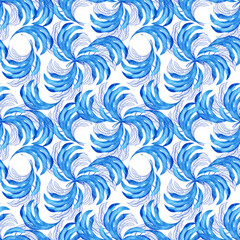 Watercolor seamless pattern with dark blue-blue stylized acanthus leaves and graphic elements