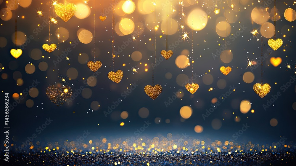 Poster sparkling golden hearts with shimmering bokeh background