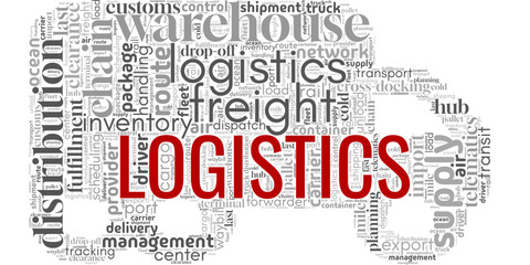 Word cloud shaped like a truck with the word “Logistics” at the center. Includes supply chain, transport, and delivery terms. Perfect for shipping, freight, and business visuals