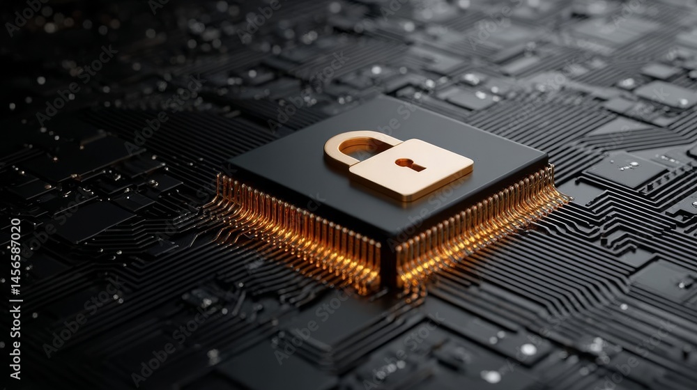 Aufkleber the concept of protection and security is represented by a padlock on a microchip processor set agai