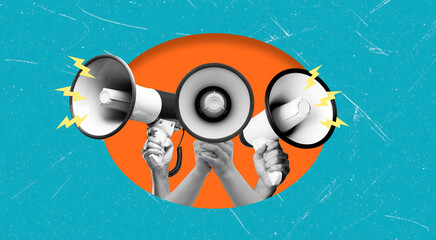 Voices amplified with megaphones during a vibrant rally promoting community engagement and activism in a bright urban setting