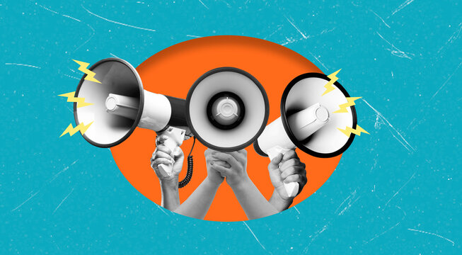 Voices amplified with megaphones during a vibrant rally promoting community engagement and activism in a bright urban setting
