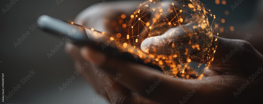 Poster the scene shows a woman operating a mobile smartphone with a global network connection, exemplifying