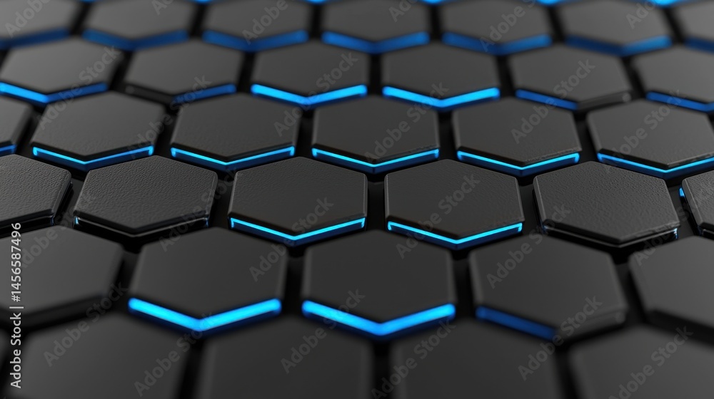 Poster abstract hexagonal pattern with glowing blue lines on black surface