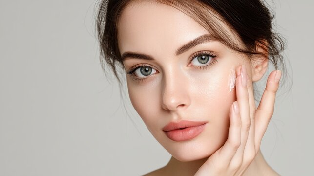 A youthful woman with a radiant complexion applies a facial moisturizer, symbolizing beauty regimens and skincare practices