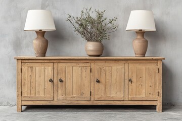 Rustic wooden cabinet with lamps and vase against concrete wall, interior design photography, neutral tones, home decor, furniture