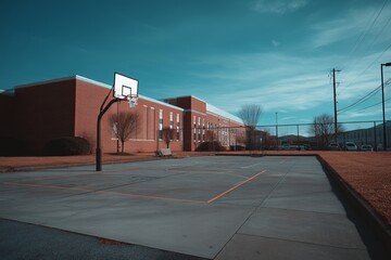 Naklejka premium The exterior of a school building and its yard, which features a basketball court, in the evening