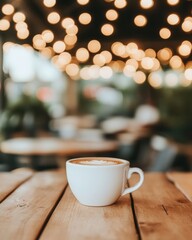 Fototapeta premium Cappuccino on wood table with blurred lights background in cafe in warm light atmosphere