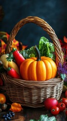 Autumnal Abundance: A Wicker Basket Overflowing with Harvest Vegetables and Seasonal Fruits Display