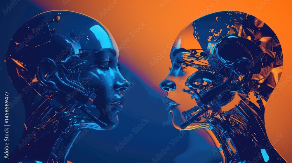 Aufkleber abstract digital faces with glowing blue and orange lines facing each other. digital artwork of face