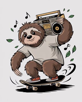 A chill sloth riding a skateboard with a boom box, leaves,  cartoon mascot design, entertainment music concept, isolated white background.