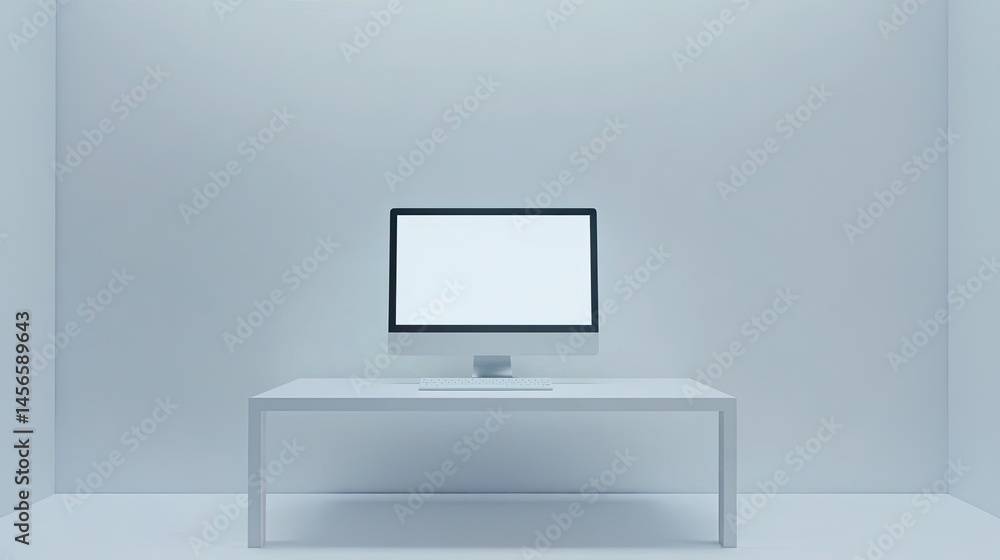 Poster minimalist workspace with empty desk and blank computer screen