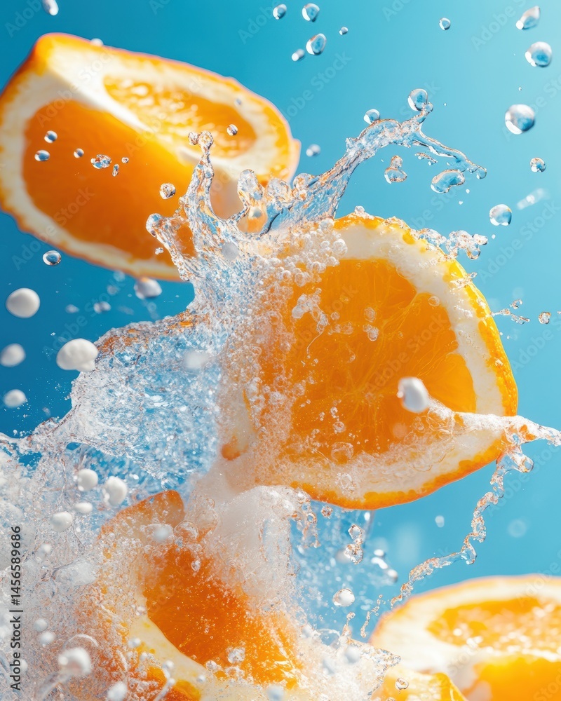 Poster fresh orange slices splashing in water against a vibrant blue background creating a refreshing scene