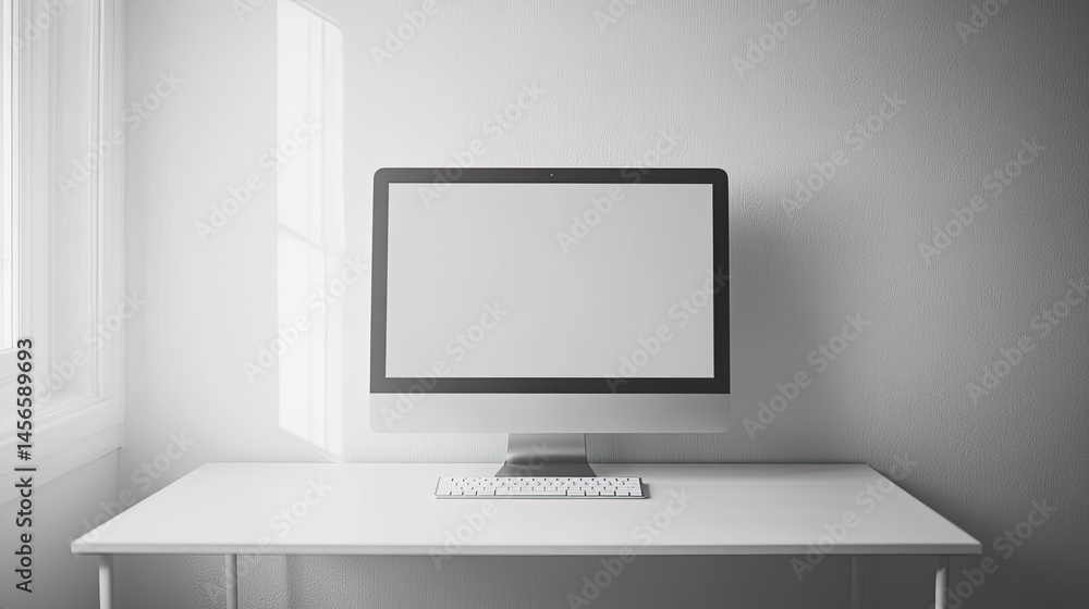 Poster minimalistic office workspace with computer and desk in bright room