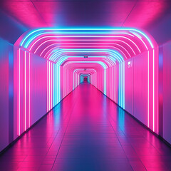 The futuristic passageway is aglow with vibrant pink and blue neon lighting 