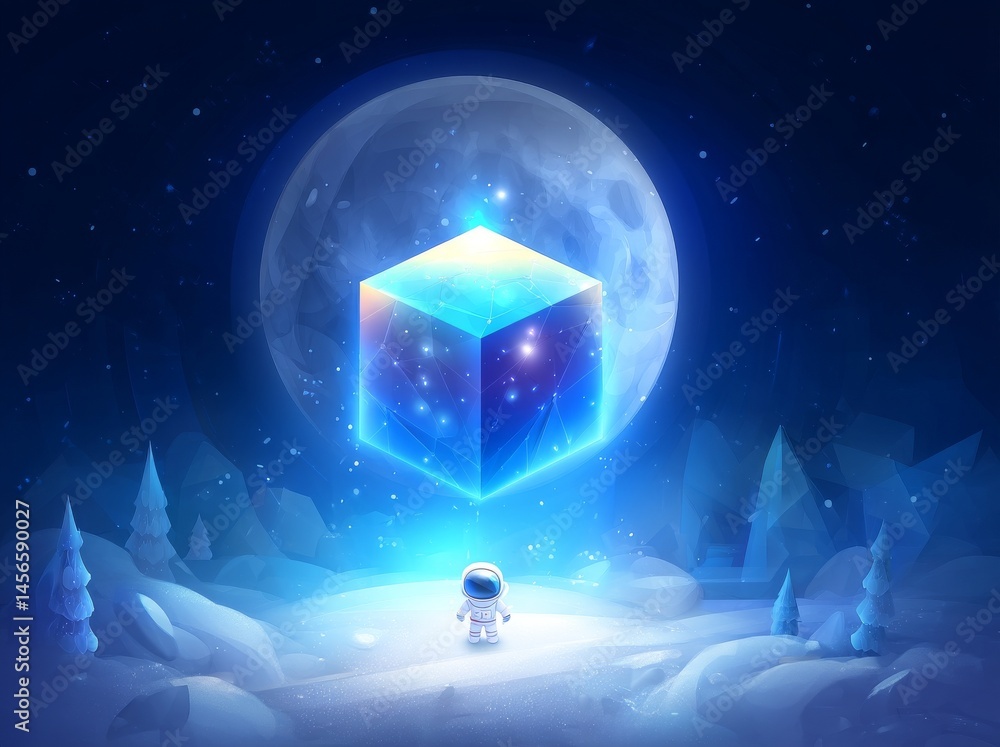 Poster a clear box holds an astronaut and space in a bizarre and surreal setting
