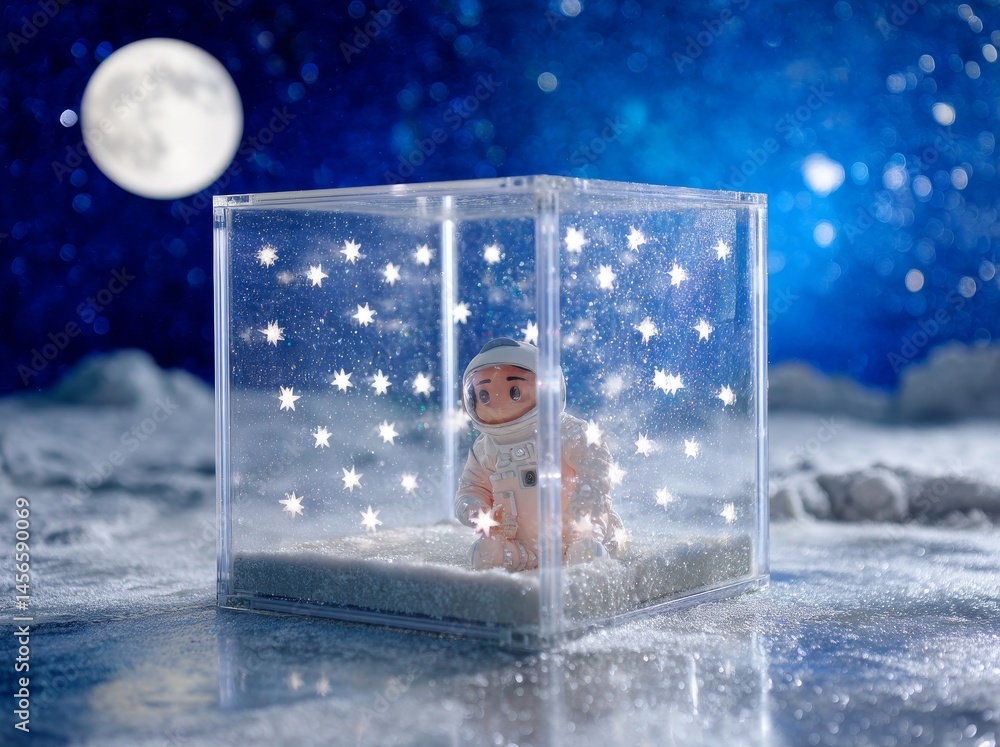 Poster an astronaut and space are enclosed within a clear box in a surreal scene